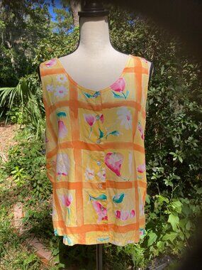 90's Vintage Sleeveless Tank - Watercolor Floral Plaid